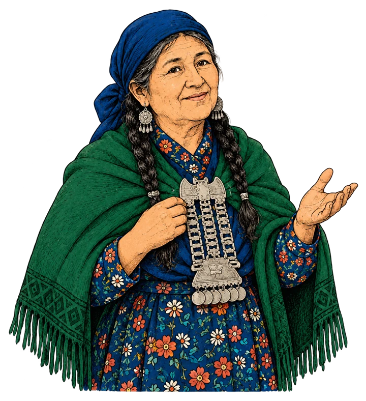 Ilustración de una Ñaña mapuche que acompaña las preguntas frecuentes